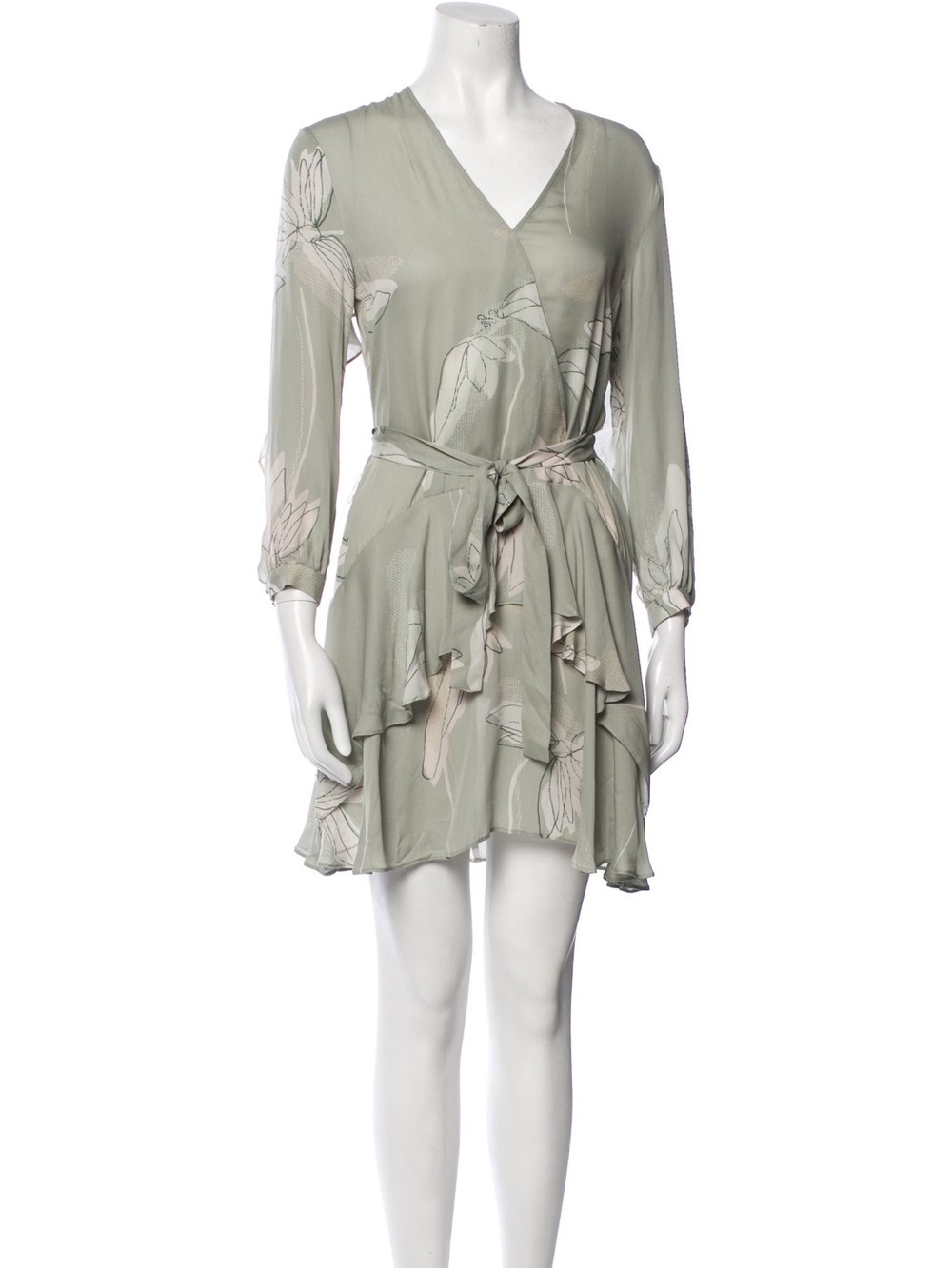 Halston Heritage 100% Silk Wrap Front Sage Floral Mini Dress with Slip Large